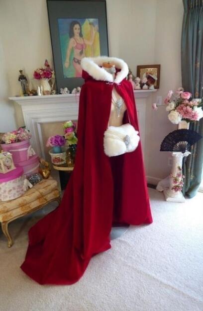 Capa con capucha de invierno, piel sintética, satén, mantos de novia, chaqueta de boda, abrigo largo: Red