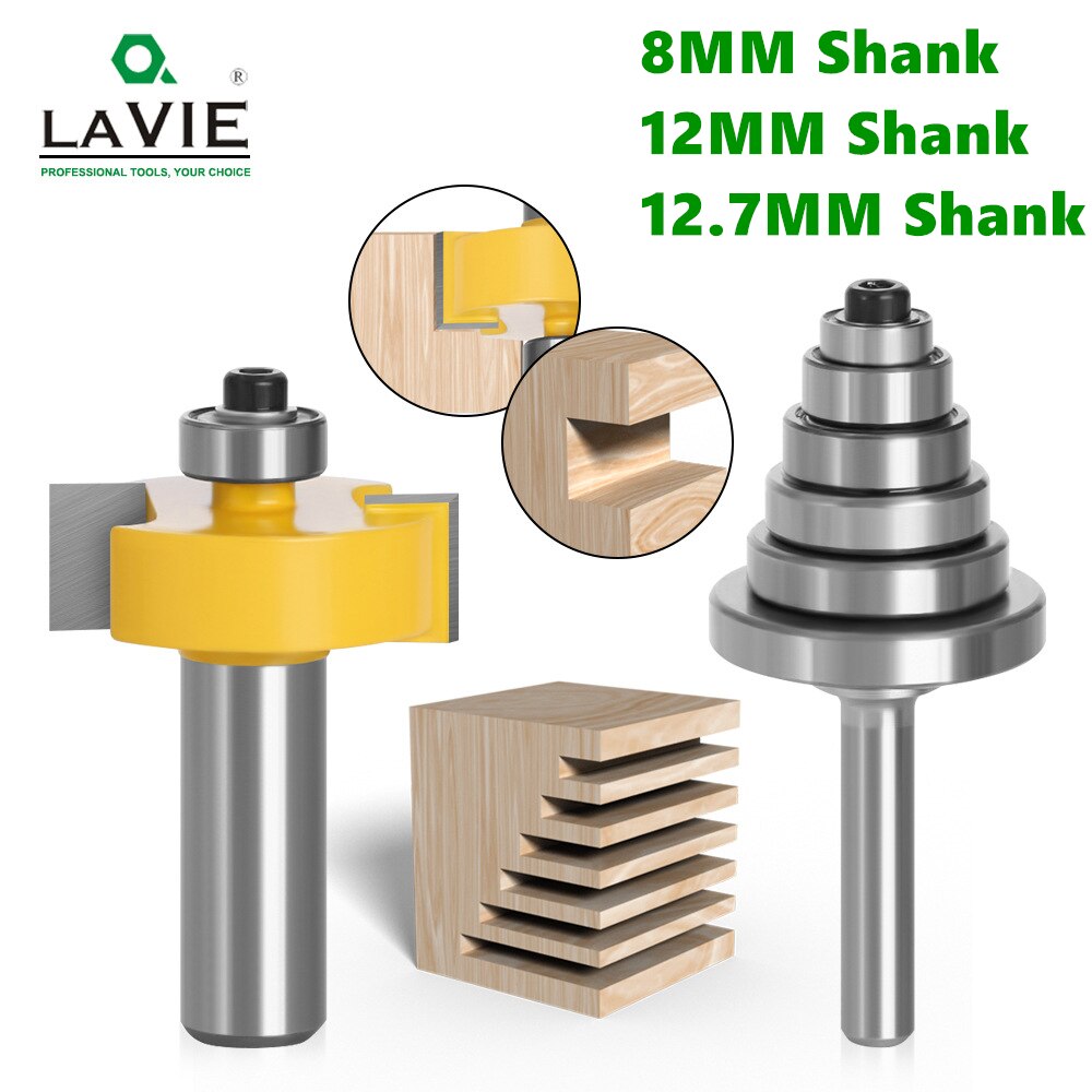 2PCS 8mm 12MM 12.7MM Shank Rabbet Router Bit with 6 Adjustable Bearings Tenon Milling Cutter Cemented Carbide Woodworking Bits