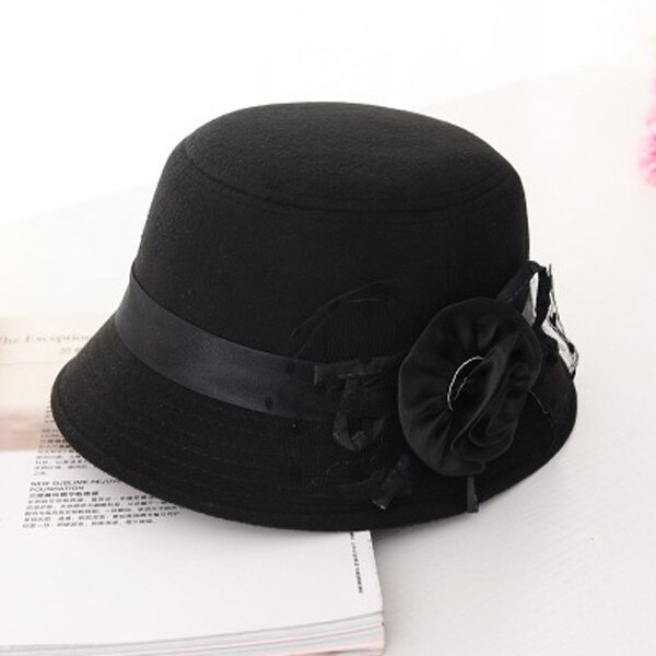 Zuivere koepelvormige wollen dames fedora dames lente winter hoeden voor vrouwen fedora's bloemen effen wol dame gorras brede rand meisjes fedora's: Zwart