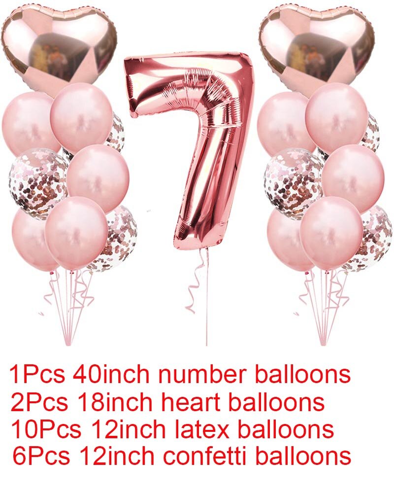 Søde 1st fødselsdag rose guld tal balloner 2 3 4 5 6 7 8 9 års fødselsdagsfest dekorationer børn konfetti ballon børns xn: Sæt 7 sæt