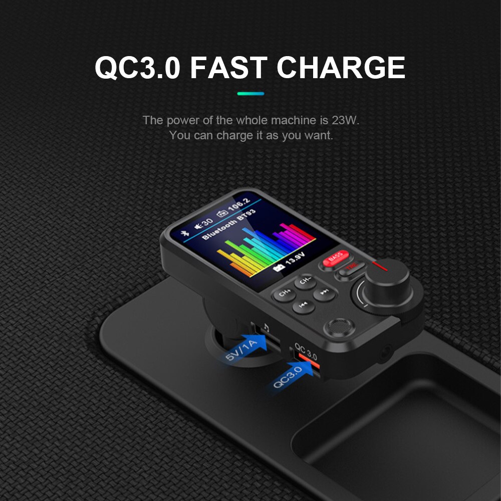 Reproductor MP3 BT93 de 1,8 pulgadas para coche, transmisor FM Aux QC3.0, carga inalámbrica, compatible con Bluetooth, sonido de graves agudos, reproductor de música
