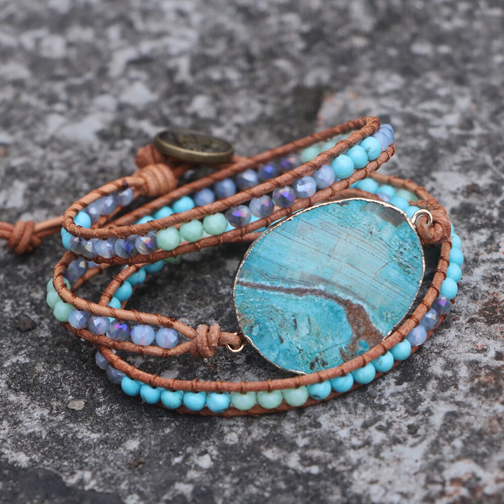 EDOTHALIA-pulsera de cuero con abalorios de piedra de mar para mujer y niña, brazalete de Amistad bohemio tejido a mano, Azul grande