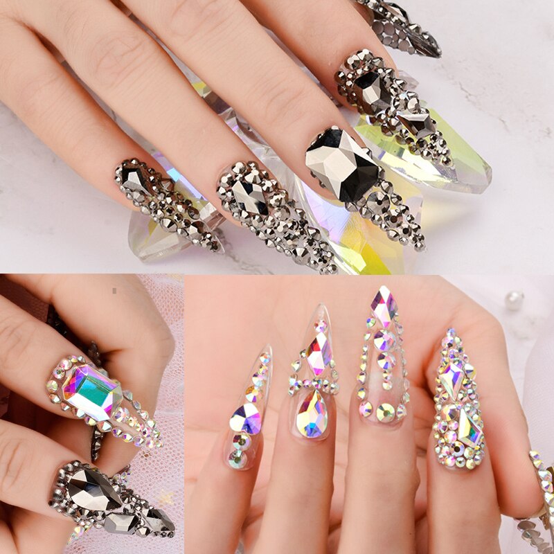 Mixed 100Pcs Nail FlatBack Super Glitter Crystal AB Rhinestone Bright Black Nail Art Rhinestones Stone DIY Manicure Decorations