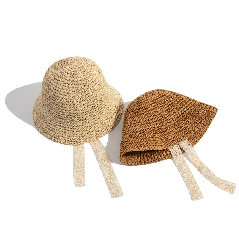 Chapeau de paille d&#39;été en dentelle coupe-vent pour bébé fille et garçon, chapeau de soleil à bord large, mignon, casquette pour enfant