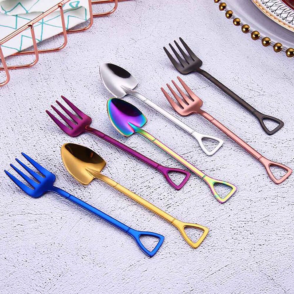 Multi-color Spoon Fork Shovel Shape Ice Cream Spoon&Fork Kitchen Gadget Long Handle Coffee Ice Cream Tool Kitchen Accessories