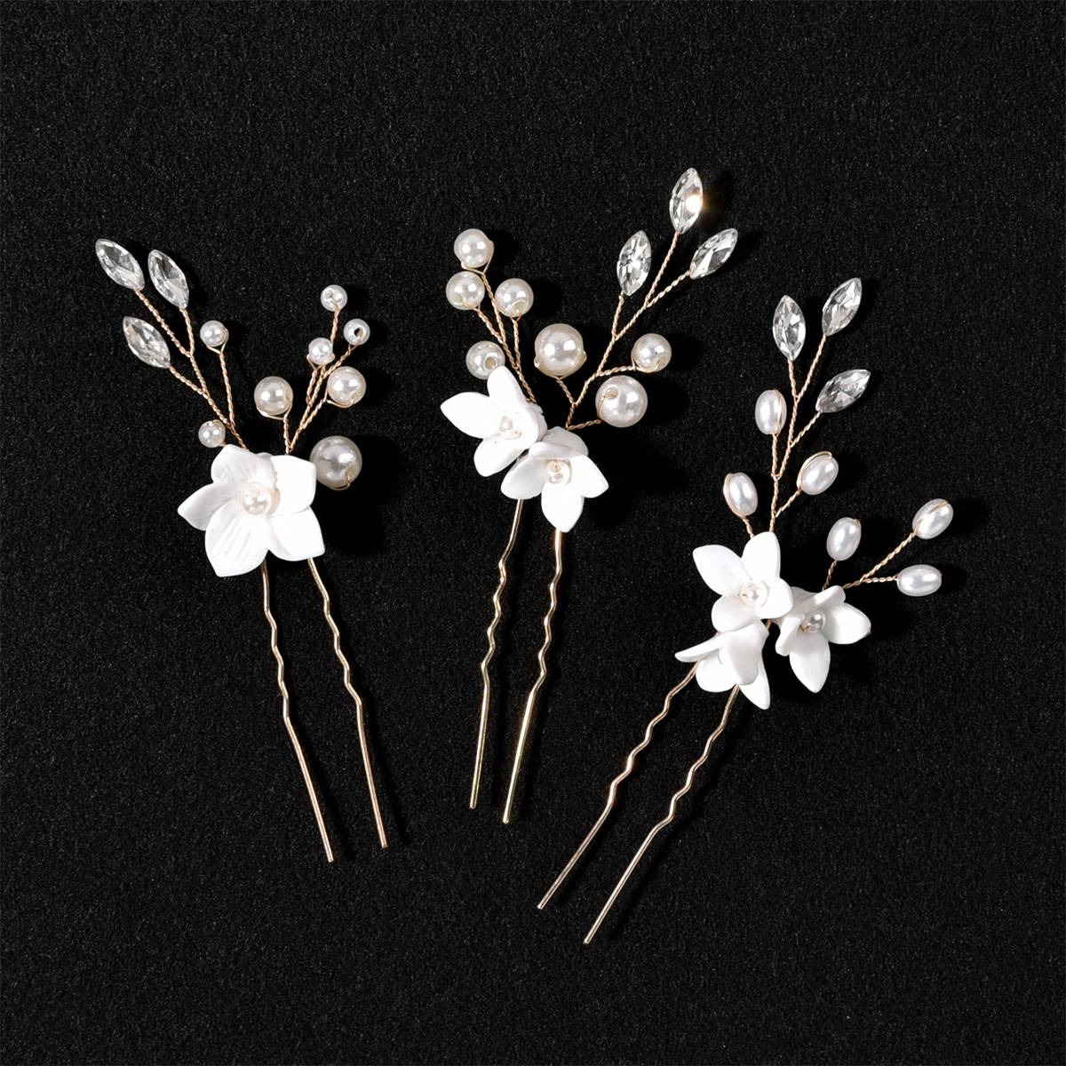 Dreiteilige U-förmige Perle Blume Haarnadel Damen Braut Legierung Haarschmuck Hochzeit Schmuck Kopfschmuck: Hellgelb Gold Farbe