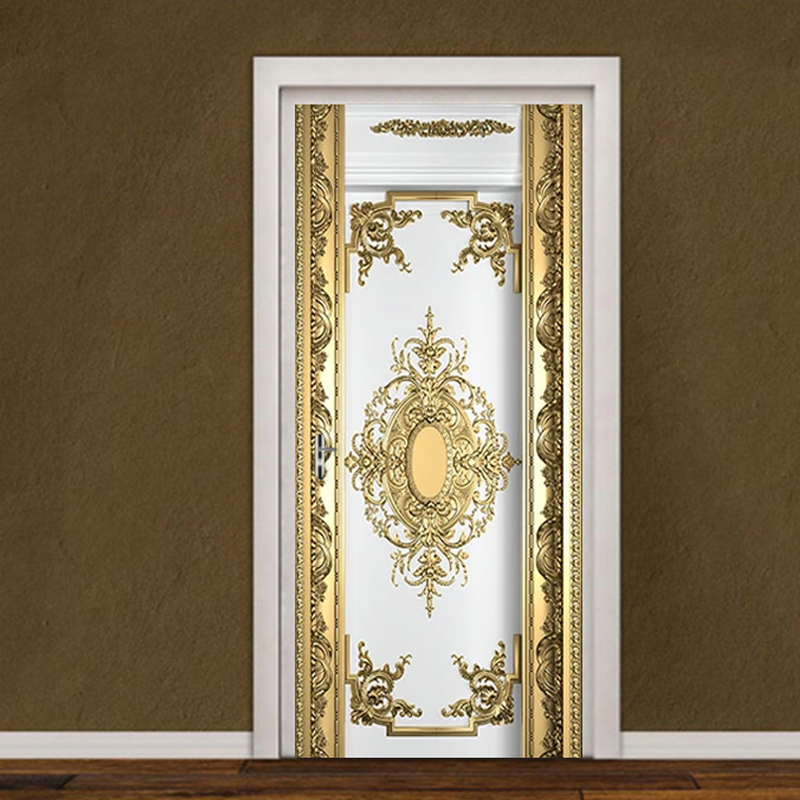 Self-Adhesive Door Sticker European Style Luxury Gold Carvings Wallpaper Living Room Bedroom Poster Mural Pvc Waterproof Sticker