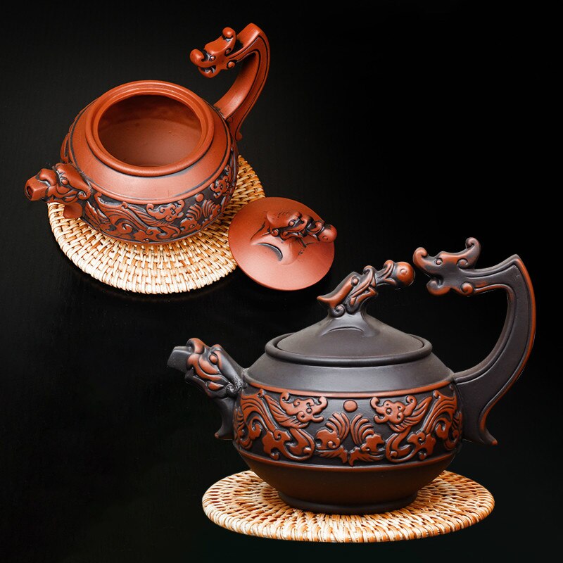Chinese Traditionele Theepot Shuanglongxizhu, Handgemaakte Zisha Theepot 350Ml Rode Klei Antieke Theepot Keramische Gemengde Kleur Waterkoker MJ820