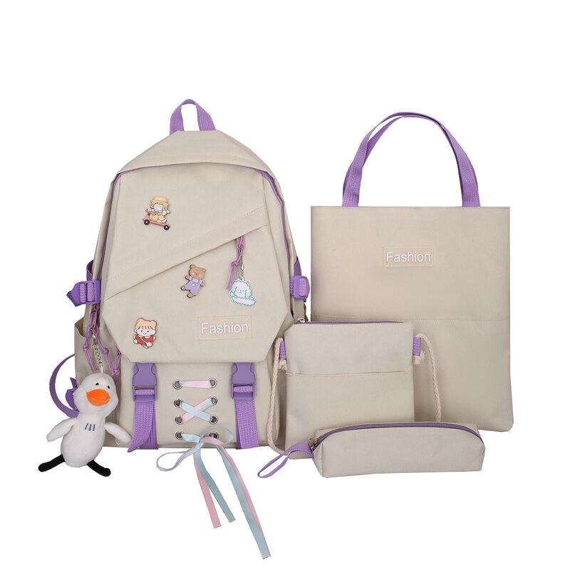 4-Delige Set Meisje Rugzak Voor School Tassen Tiener Leuke Lint Mode Middelbare School Student Rugzak Vrouwen nylon Groen: Beige / No pendant