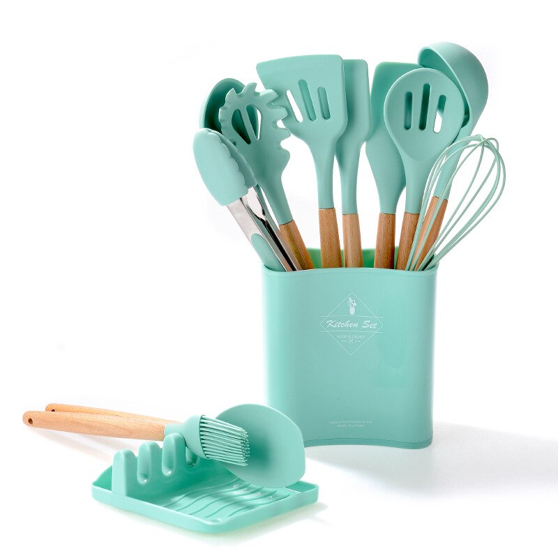 13Pcs Kitchen Silicone Cooking Utensils Set Wooden Handle Silicone Spatula Spoon Nonstick Kitchen Cooking Tools With Storage Box: Deep Green
