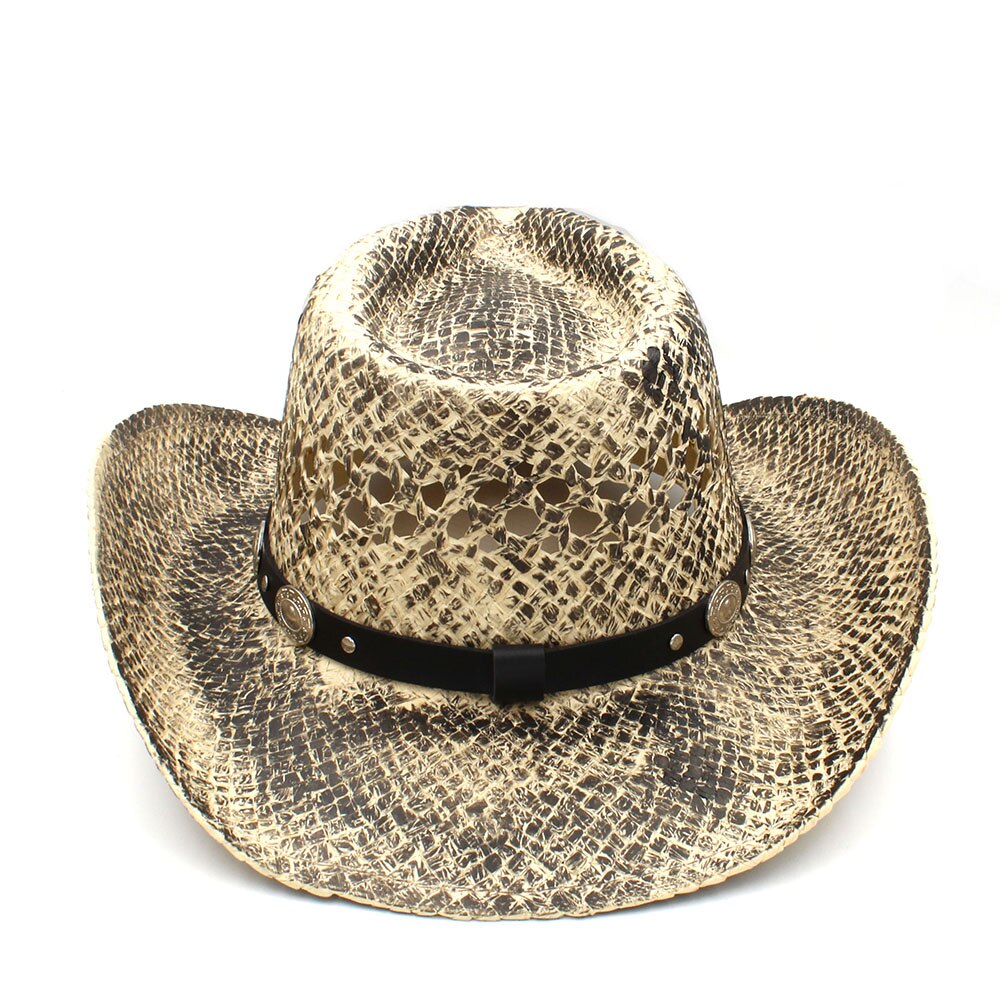 100% Straw Men Western Cowboy Hat Handmade Weave Dad Sombrero Hombre Cowgirl Jazz Caps Punk Belt Band Size 56-58CM