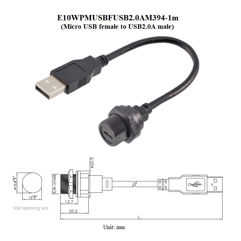 circular waterproof ip67 chassis panel screw wall mount micro usb usb2.0a connector module cable extender adapter coupler: Pink
