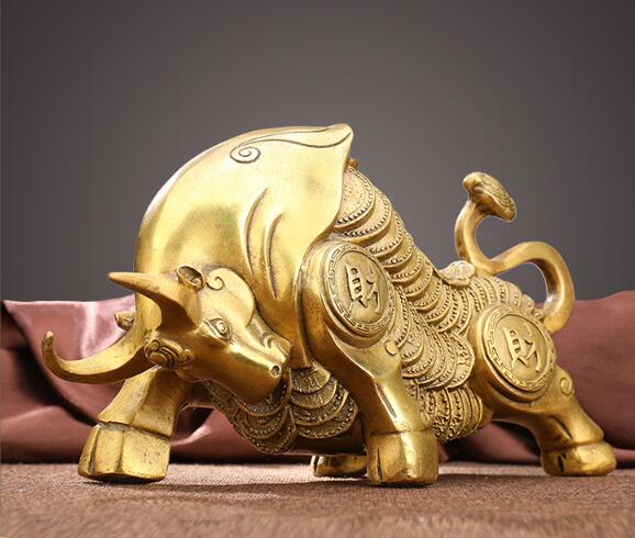 Medium Size Brass Bronze Wall Street Fierce Bull OX Figure Statue 7" Long