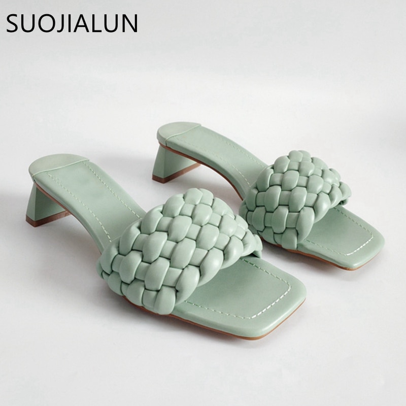 Suojialun merk dames zomer slippers geweven open teen pantoffel vierkante lage hak vrouwelijke strand slippers