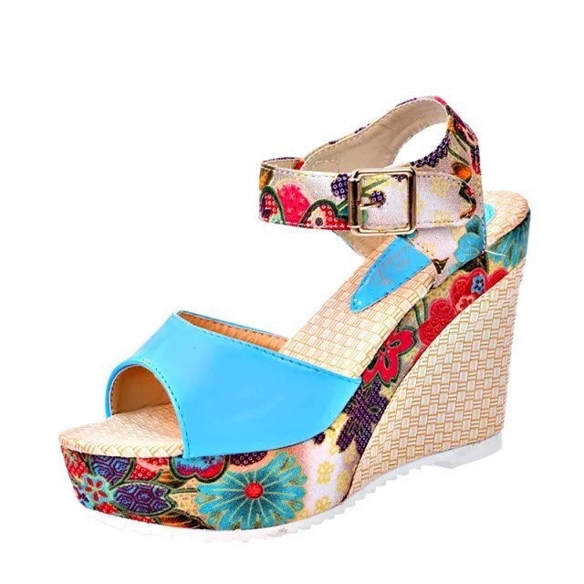 Zomer Wiggen Vrouwelijke Sandalen Platform Hoge Hak Kleinigheid Comfortabele Vrouwen Schoenen Zoete Casual Schoenen Open Teen: Blue / 6.5