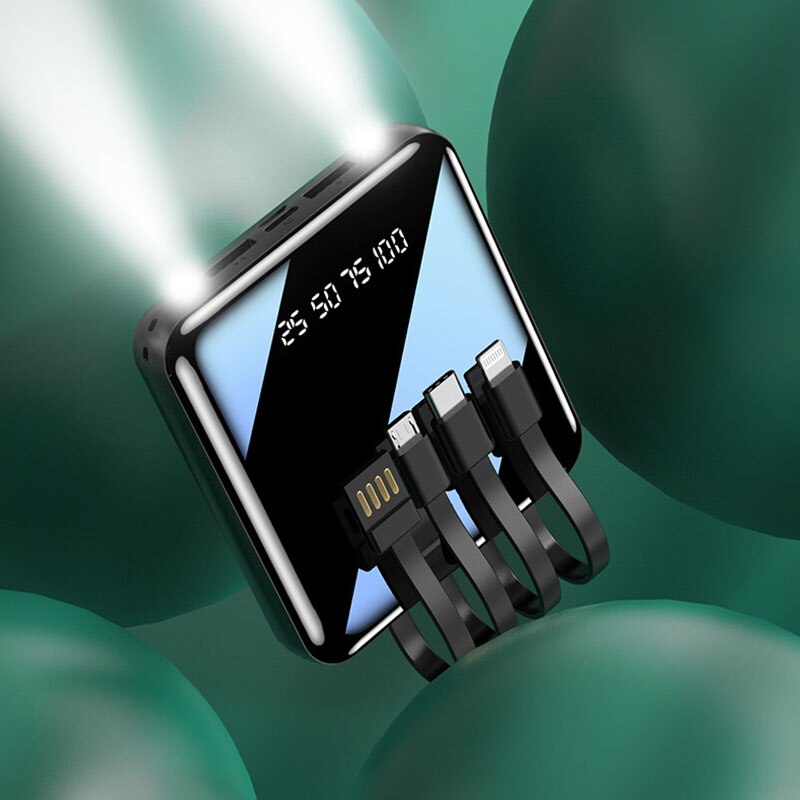 20000mah przenośny Mini Power Bank lustro ekran szybkie ładowanie z kablem USB typu C Powerbank dla iphone xiaomi Huawei telefon