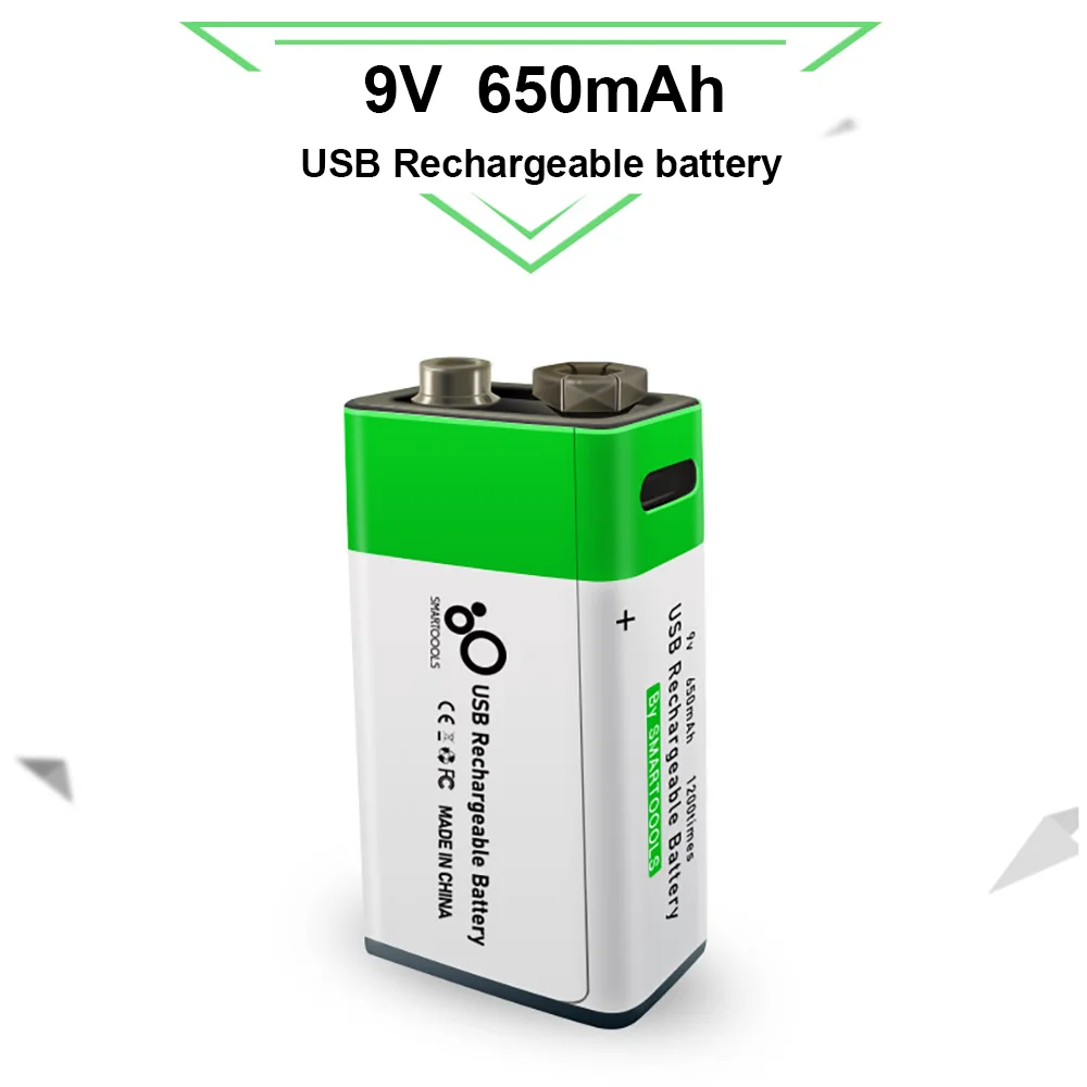 Batteria ricaricabile USB 9V-agli ioni di litio, 650mAh, ricarica di tipo C, ricarica rapida 1.5h, li-ione