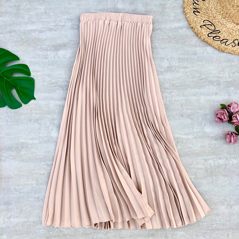 Faldas Midi plisada de gasa para mujer, faldas largas de cintura alta, Color liso, estilo informal, para primavera y verano