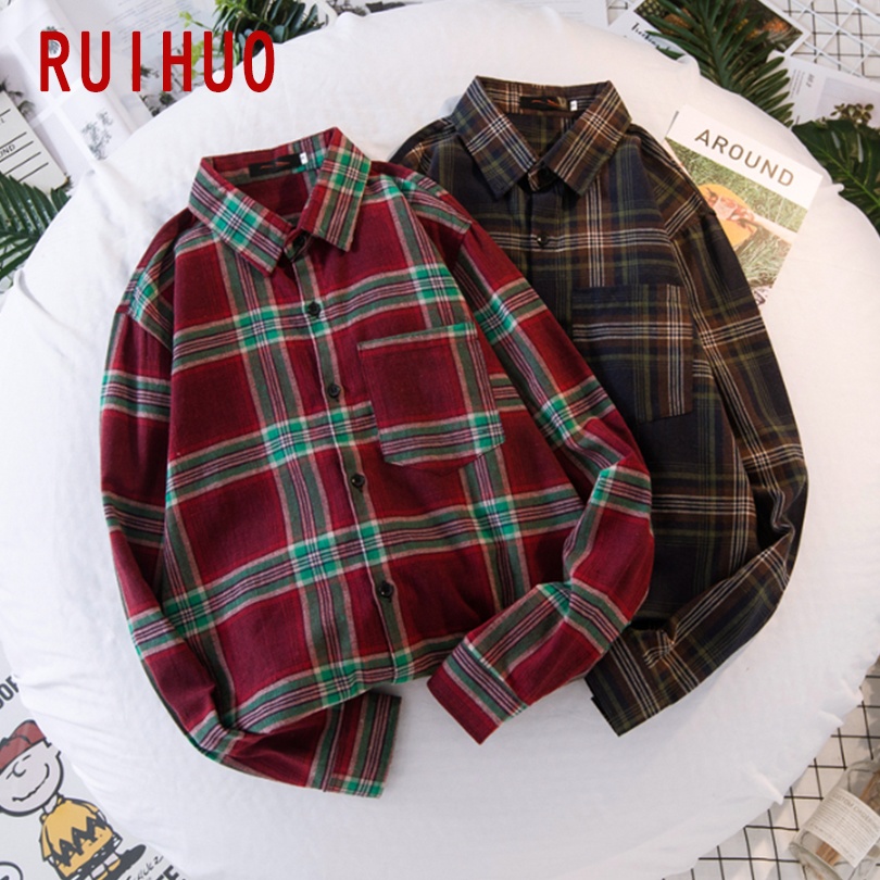 Ruihuo våren lange ermer rød rutete skjorte herre slim fit bomull fritidsskjorter herre klær merke pluss størrelse m -3xl