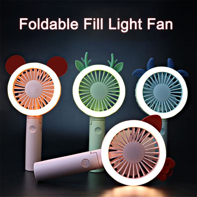 Portable USB Fill Light Fan Desktop Stand Holder For Mobile Phone LED Night Light Outdoor Travel Handheld Three Speed Adjust Fan