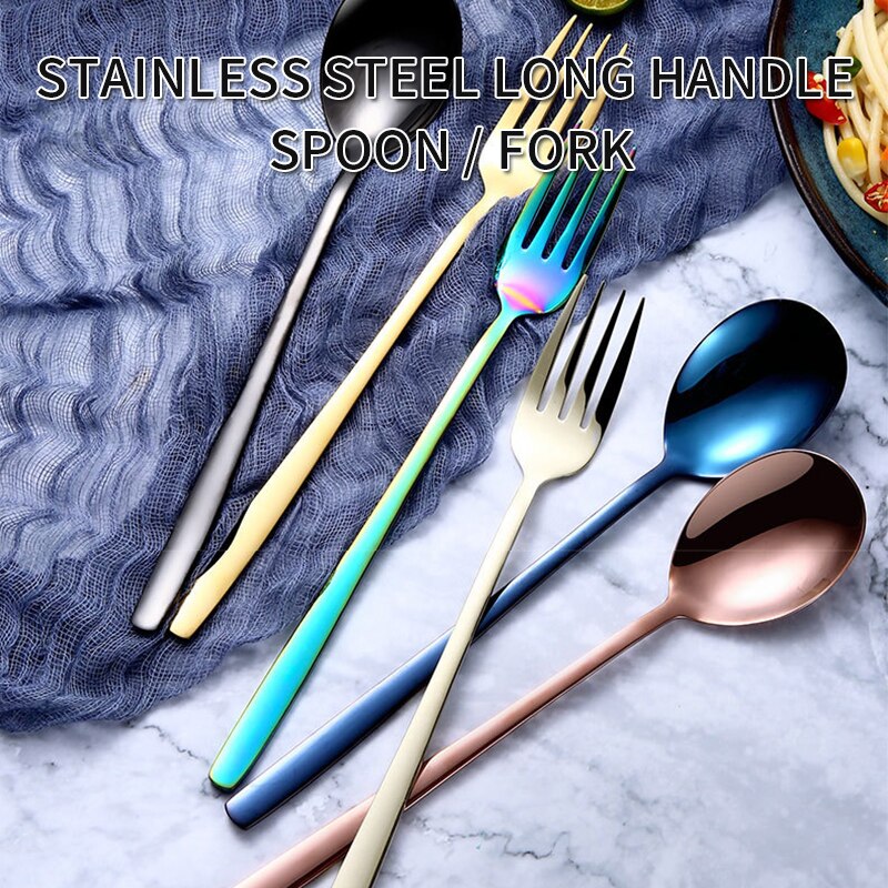 1PC Dessert Spoon Stainless Steel Vacuum Plating Coffee Dessert Stirring Spoon Shovel Long Handle Fruit Salad Forks
