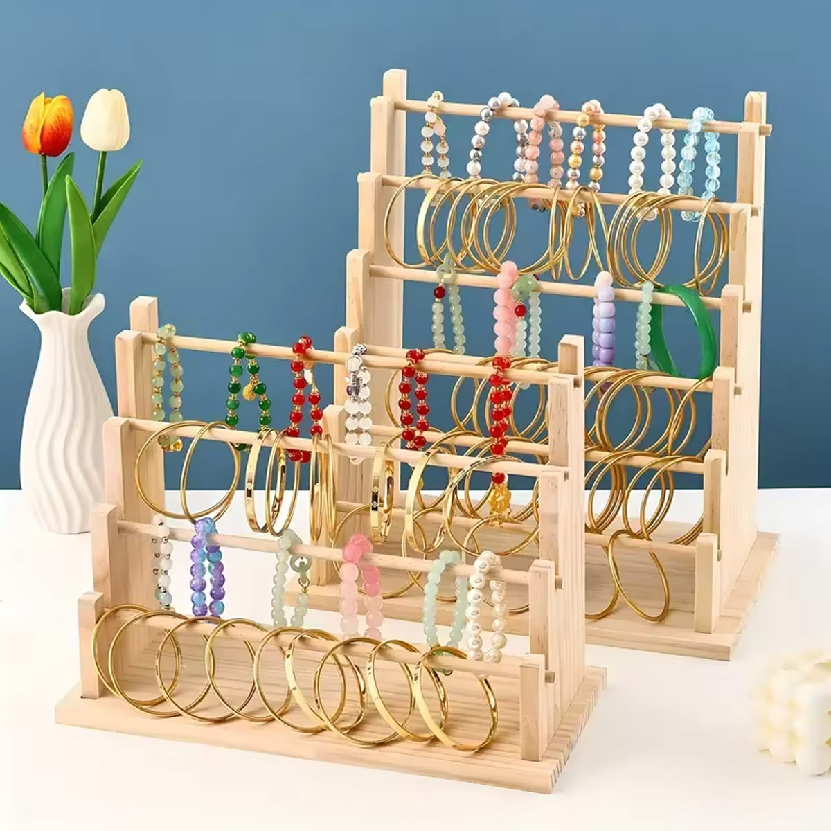 Estante de almacenamiento de pulseras de madera Vintage, estante de exhibición de cuentas escalonadas, estante de almacenamiento de joyas, pinza para el pelo y estante de exhibición de diadema