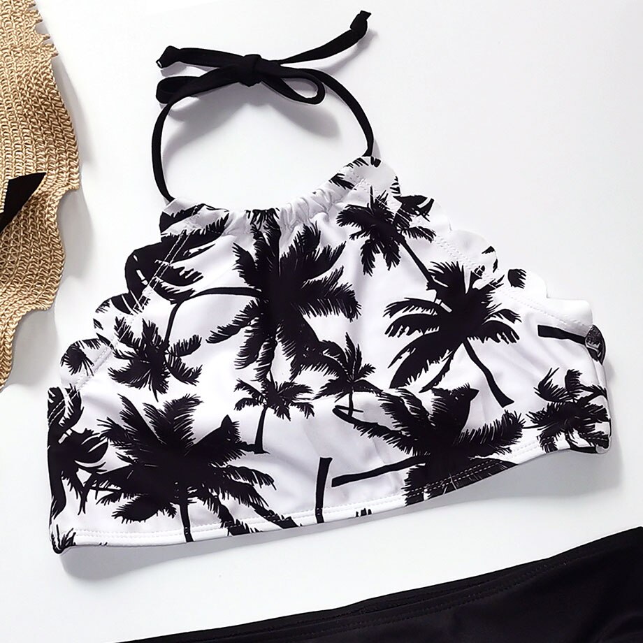 5-14 Years Girl Swimsuit Kids Palm Tree Teenage Girl Bikini Set Halter Top Two Piece Children's Swimwear BIg Girls Bathing Suit