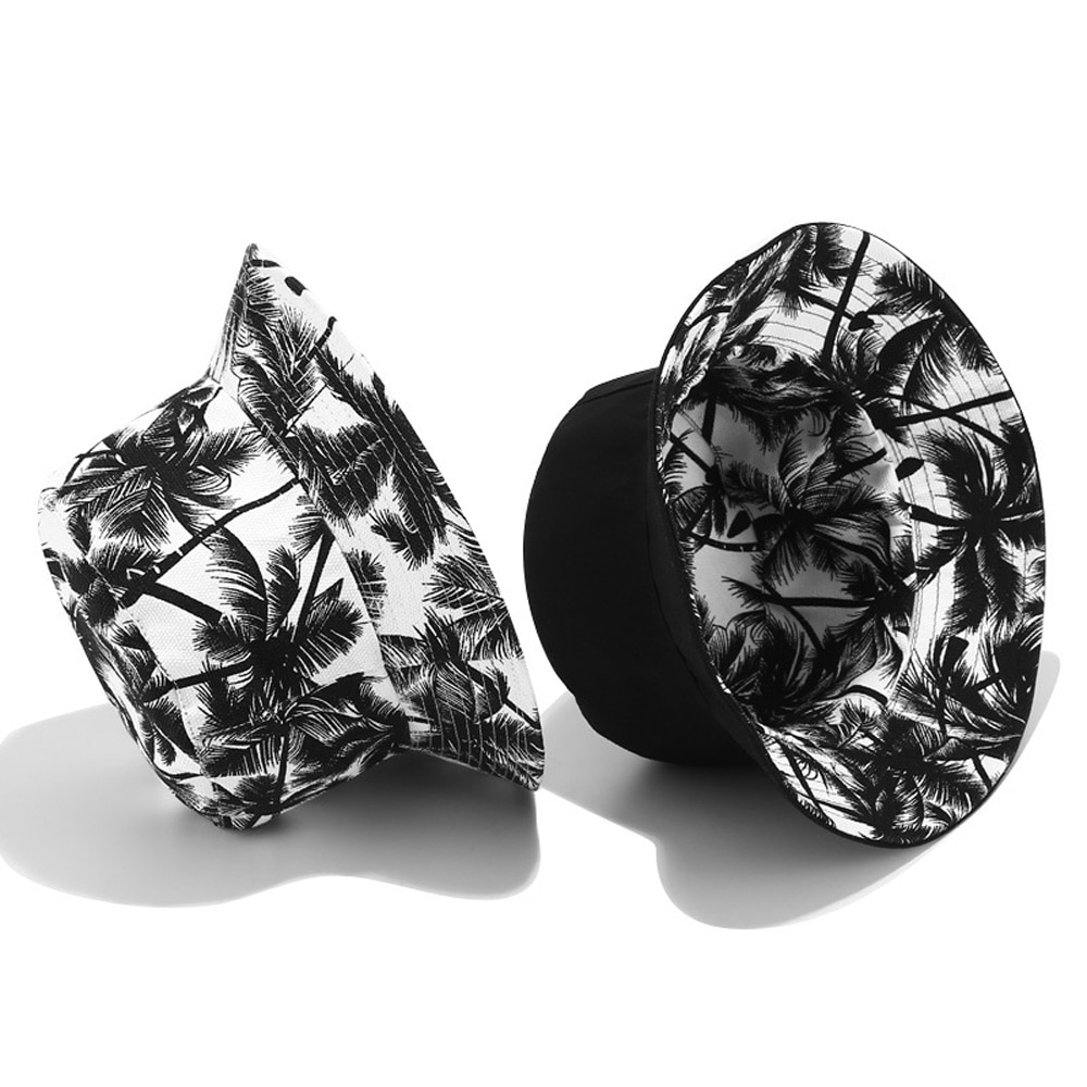 Unisex Summer Reversible Black White Coconut Tree Printed Fisherman Caps Bucket Hats Gorro Pescador Men Women