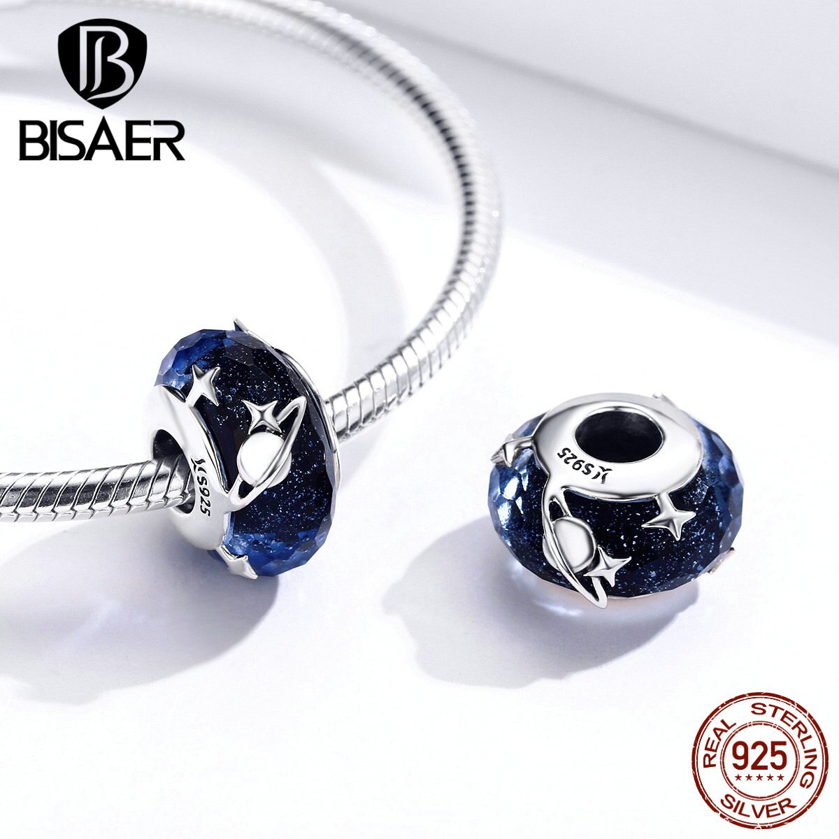 European Glass Beads BISAER 925 Sterling Silver Star Planet Glass Beads Charms fit Bracelets Bangles Silver 925 Jewelry ECC1284