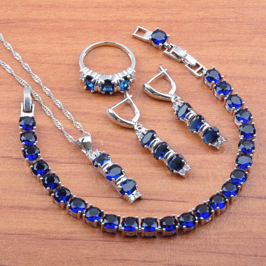 Verzilverd Sieraden Sets Blue Zirconia Bruiloft Jewelrry Voor Vrouwen Best Oorbellen Ring Armband Set JS0157