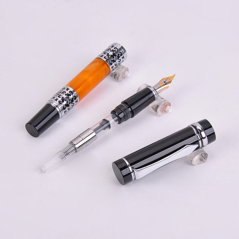BOOKWORM 675 Black-Orange Silver Flower Amber Celluloid Bent Nib Art Fountain Pen School Supplies Calligraphy Pen