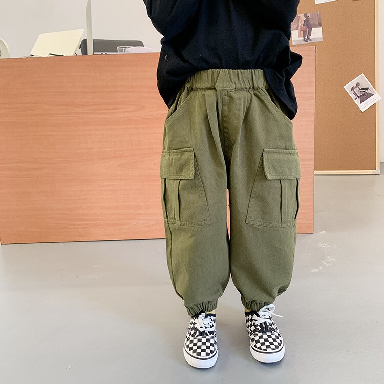Boys cotton 3 colors side pocket cargo pants Kids all-match loose casual trousers: Army Green / 3T