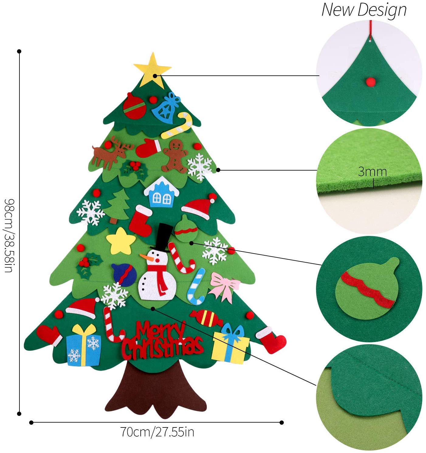 Voelde Kerstboom 3.2ft DIY Muur Opknoping Xmas Boom met 32 pcs Ornamenten en 50 LEDs String Lights Kerst Decoraties
