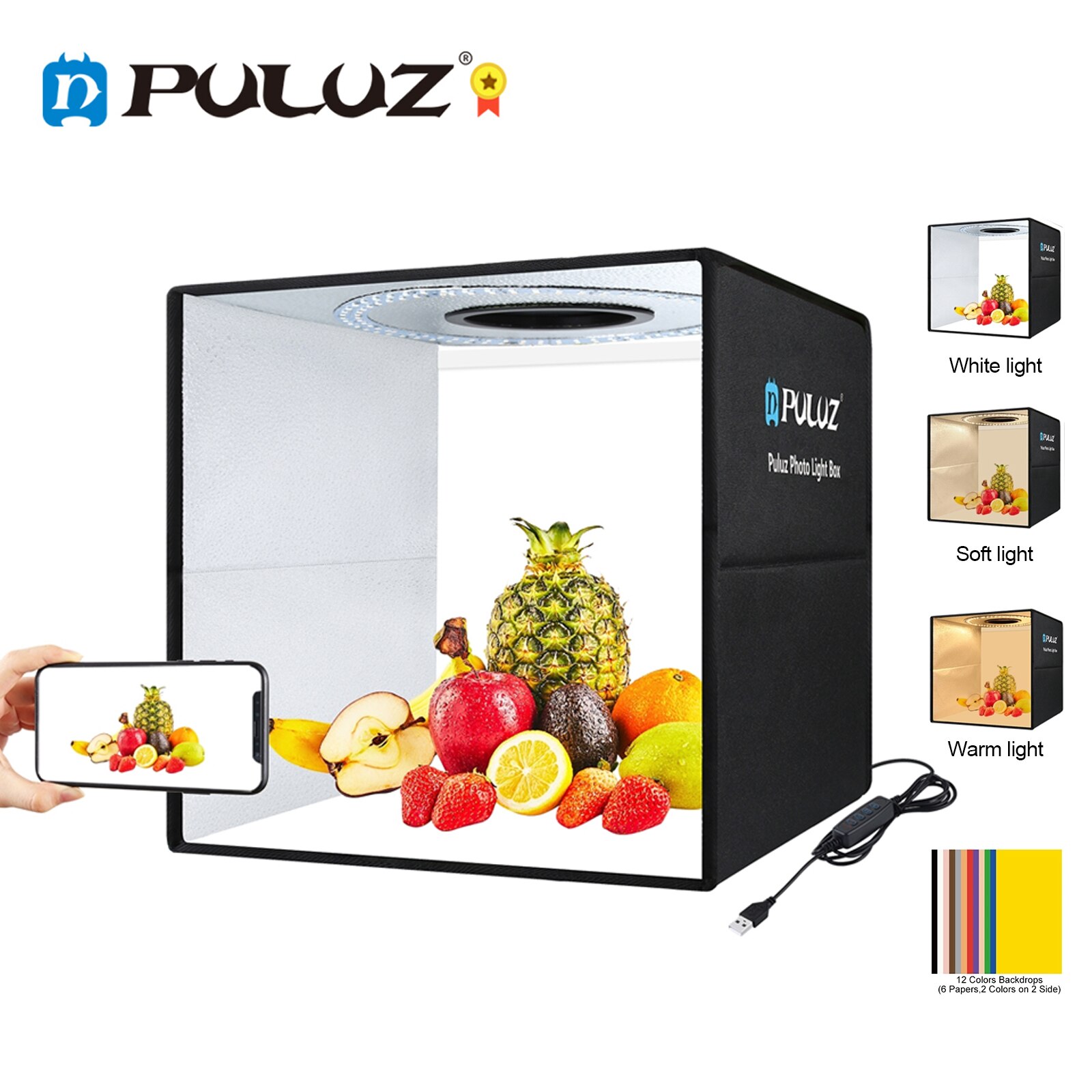 Puluz Mini Fotostudio Lightbox Fotografie 3 Mode Led Light Box Verlichting Studio Schieten Tent Box Kits 6/12 Kleuren Achtergrond
