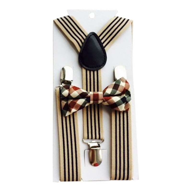 2Pcs Baby Girls Boys Clothes Accessories British Style Kids Striped Strap + Plaid Bow Tie Kit 130cm