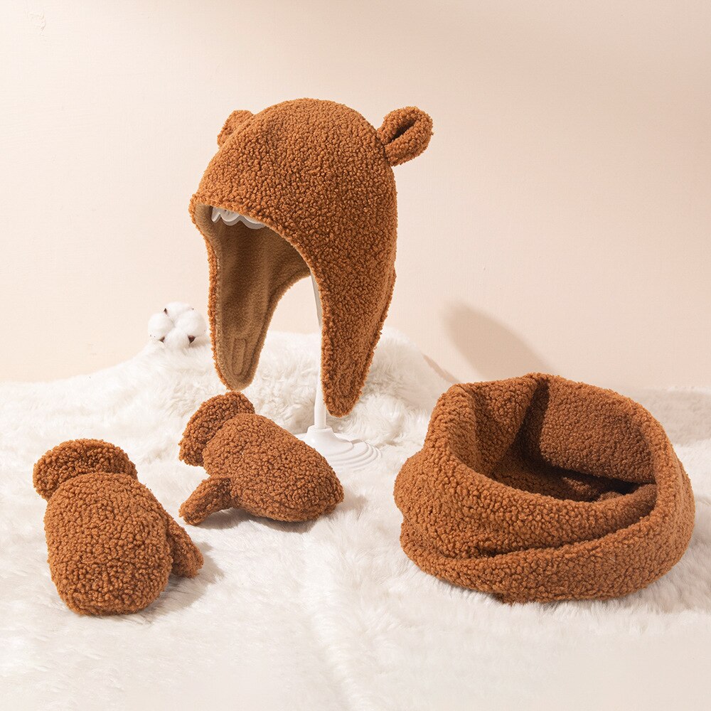 Kids Winter Warm Set Muts Sjaal Handschoenen 4 Stks/set Unisex Kind Teddy Kasjmier Fleece Motorkap Leuke Cap En Tonale sjaal Handschoenen