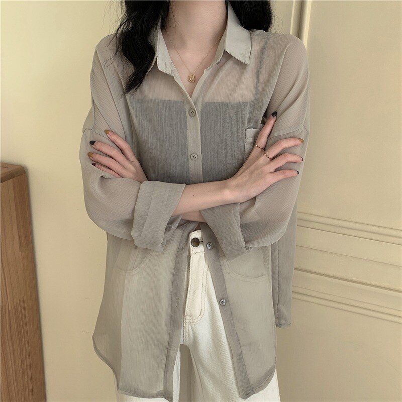 Blusas de mujeres Vintage sólido coreano Chic Sol de verano-prueba básica mujer blusa Top-Encuentro de suave dama camisas