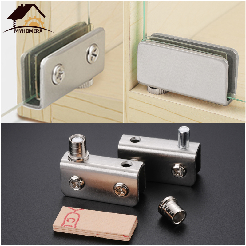 Myhomera 4 Piece Glass Pivot Hinge Rotation Axis Stainless Steel Wine Cabinet Door Rotating Hinges Clamp Clip Shaft Hidden Hinge