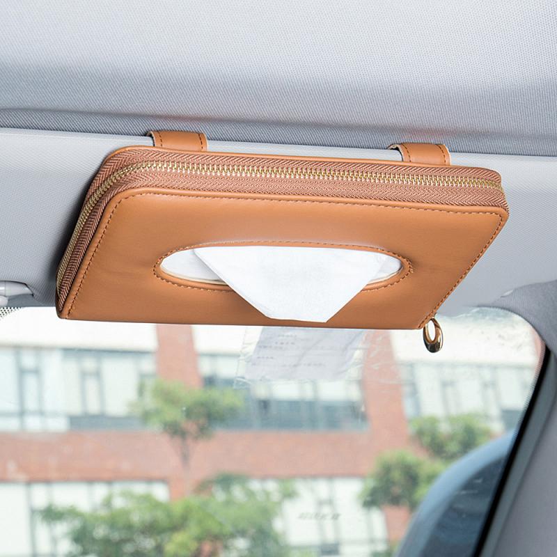 Bolsa de toalla de papel parasol para coche Multi-función de cuero asiento colgante para coche caja de pañuelos de papel: 5