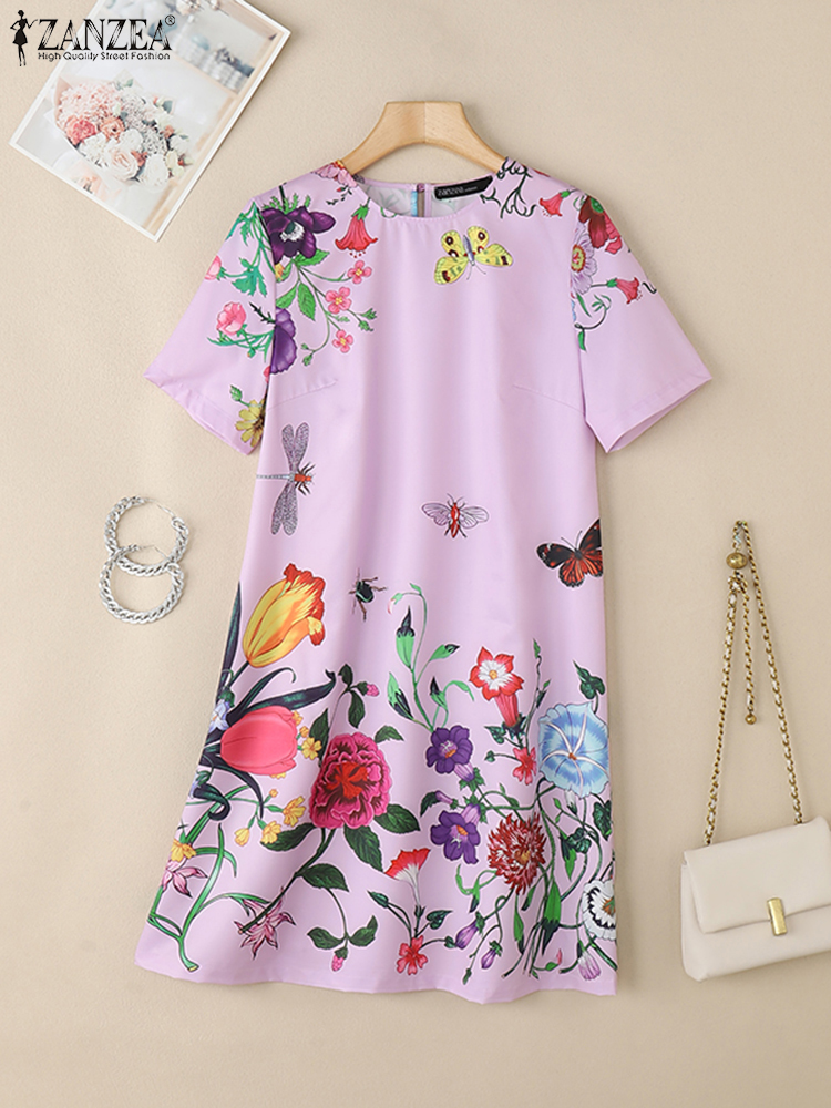 Zanzea zomerjurk met bloemenprint voor dames, stijlvolle feestjurken, korte mouwen, werkjurk, zomerjurk, bohemian vestidos: S / Paars