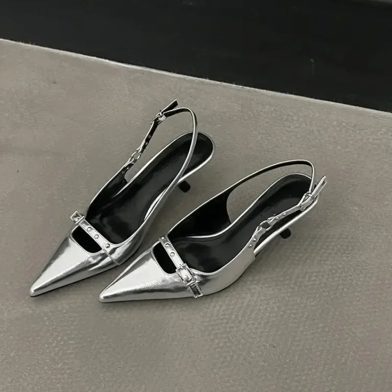 Slingback sandaler kvinder mellemhøje hæle pumps nittesko spidse snude dame mules kjoler denimsandaler
