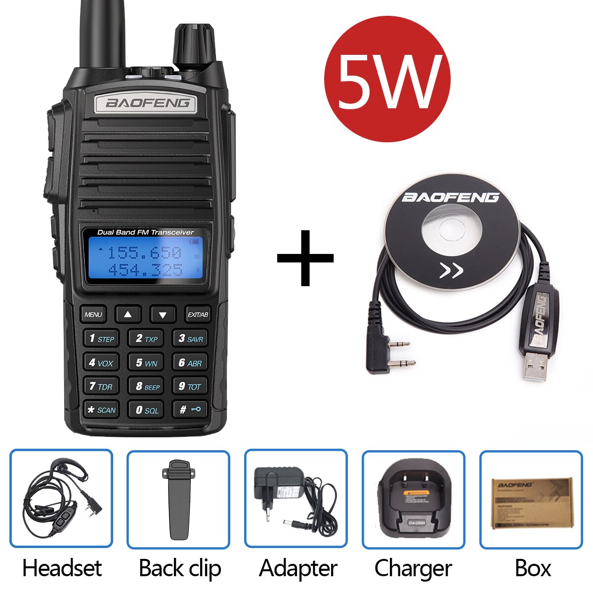 BaoFeng UV-82 walkie-talkie 5W VHF UHF Baofeng podwójny PPT UV 82 dwukierunkowe Radio 10 KM Baofeng UV82 Transceiveruv UV9R UV5R Ham Radio: add cable