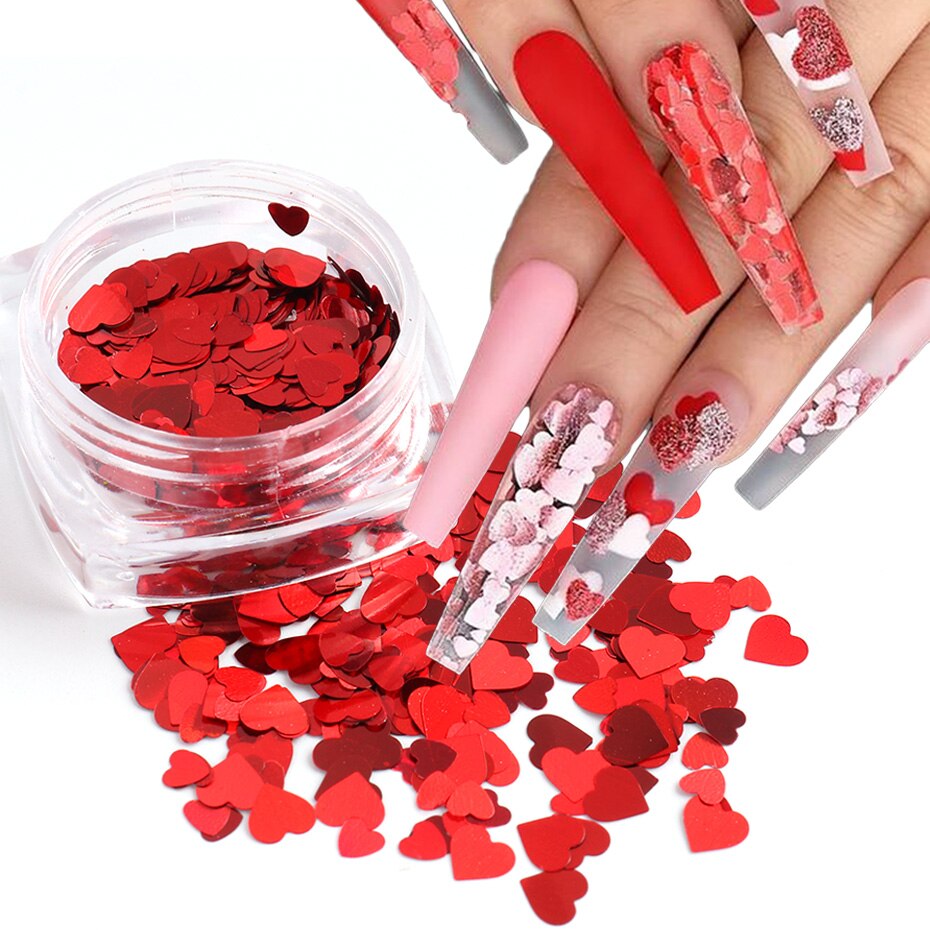 Rött hjärta nagel paljetter glitter mix guld färgglada 3d holografiska nail art flingor skivor paillett manikyr dekorationer ntax 01-18