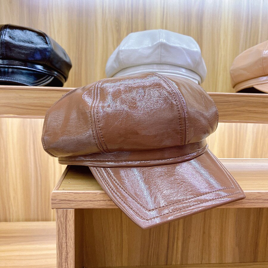 202009-YY FAUX LEATHER PU Glossy finish SOLID Square brim leisure Octagonal hat men women visors cap