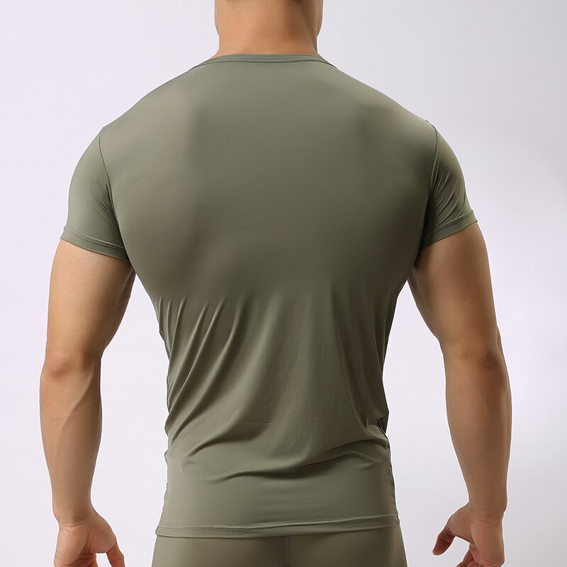 Sexy Ultra-thin Sheer Man Fitness Polyester Undershirts Gay Ice Silk V-neck Transparent Shirts Size S M L XL