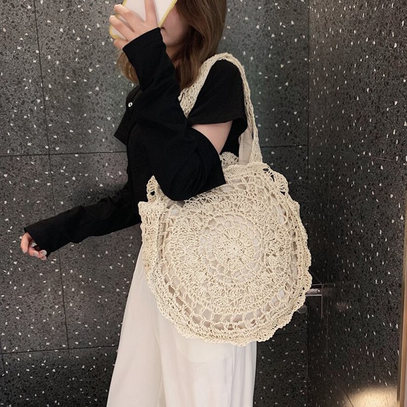 Sac à main en rotin tissé à la main pour femmes, sac en paille fait-main ajouré en forme de cercle, grande capacité, été, voyage, plage, décontracté
