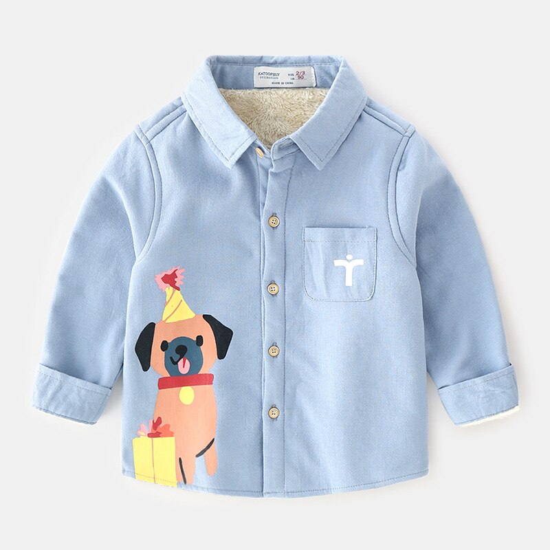 Primavera y otoño de algodón para niños más terciopelo grueso bebé de dibujos animados camisa para niños camisetas para niños: Azul cielo / 12 meses