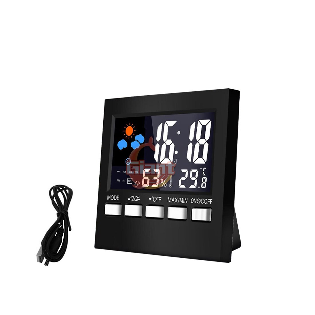 Weather Clock Color Screen Digital Display Thermometer humidity clock Colorful LCD Alarm Calendar Weather Pop: Black with USB