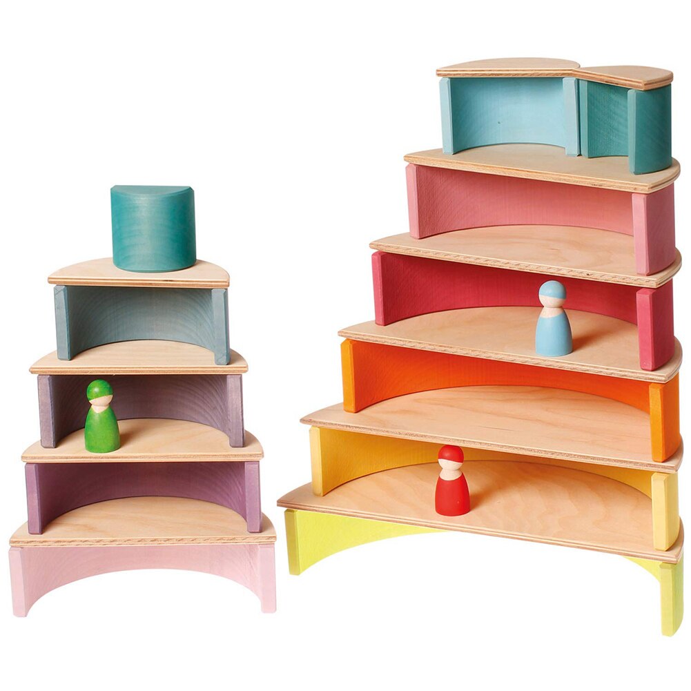 12 Puzzles Wooden Rainbow Tunnel Stacker Nesting Sculpture Building Kids Toy