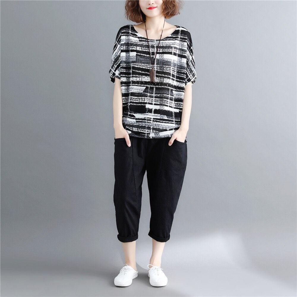 Plus Size Vrouwen Blouse Overhemd Batwing Mouw Zomer Tops Vrouwelijke Blouses Print Zwart Gestreepte Blouse Vrouwen Shirt Blusas 0275 40